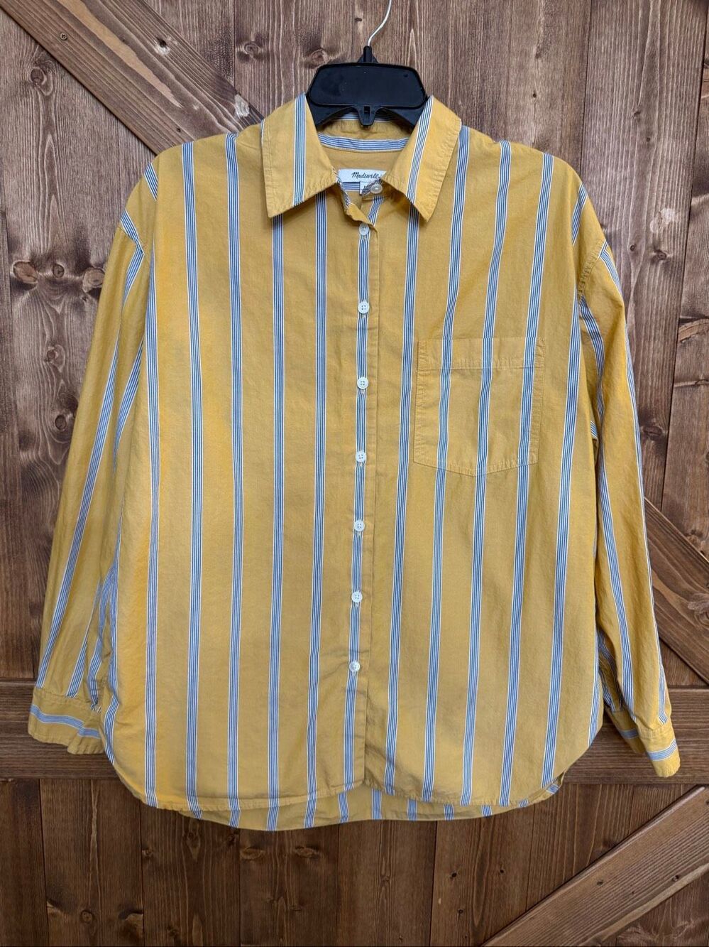 Madewell Women’s M Mustard Yellow Blue Striped Button Down Shirt Long Sleeve (93